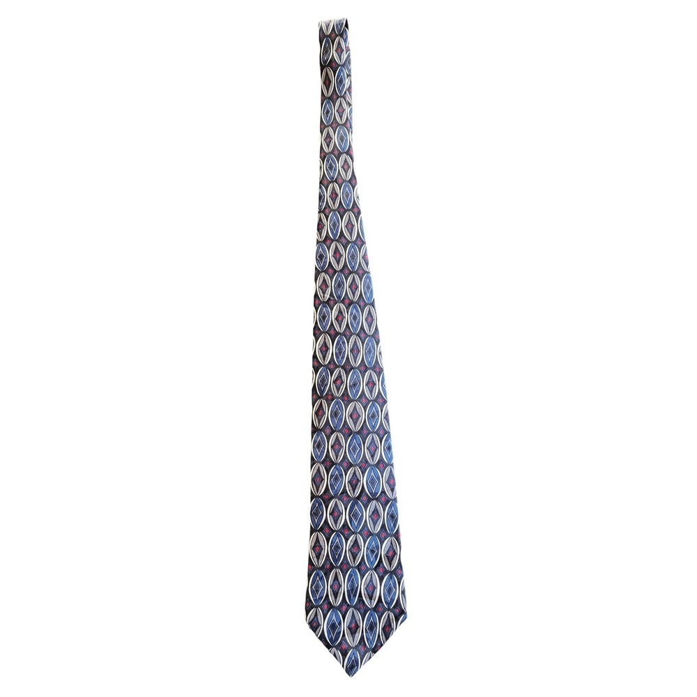 Hardy Amies Mens‎ 100% Silk Necktie Navy Blue Geometric Diamond Savile Row Style